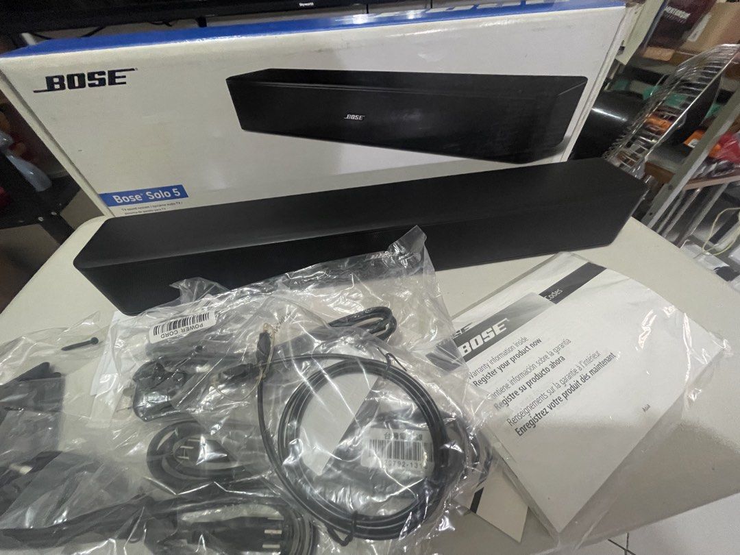 BOSE Solo 5 Tv Sound system ( Bluetooth ) (Category: Soundbars, Speakers & Amplifiers) located in Manila. Submitted by k4beauty (Listing ID 1457813396, Image 2). Description: Complete Inclusions with Box Smooth and pristine condition, fully functional. Inclusions: Complete package (Bose Solo 5 Soundbar, Original Box, Original Universal Remote, Power Adapter/Cord, Optical Cable, and Manuals). Features: Bluetooth audio streaming, clear dialogue mod