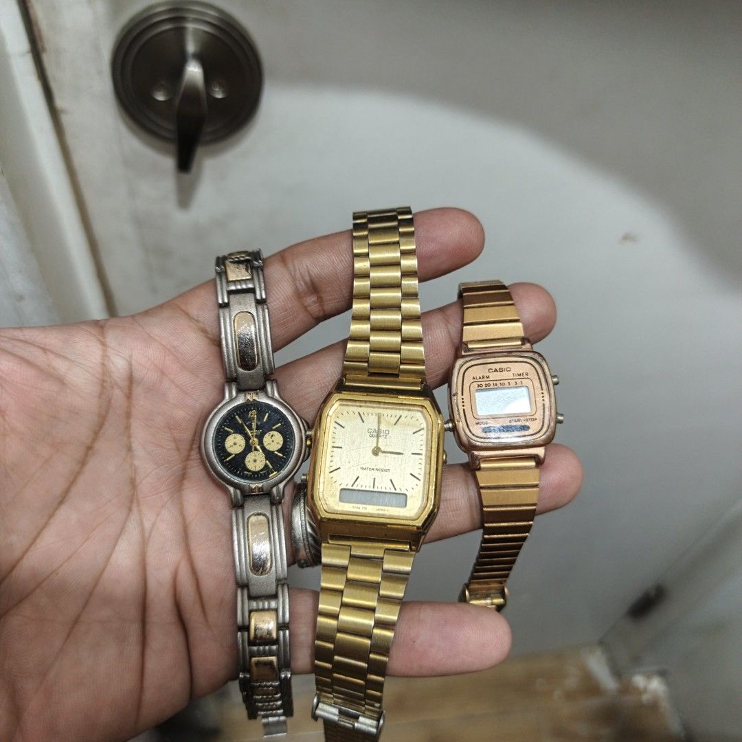 Bundle of 3 Watches: Casio, Chronograph, and Digital (Category: Men's Watches) located in Manila. Submitted by narju1234 (Listing ID 1457754184, Image 2). Description: - Bundle of 3 watches - Includes: Gold-tone Casio digital, Gold-tone Casio analog/digital, Silver and gold-tone chronograph - All are wristwatches - Perfect for collectors or everyday wear - Selling as a set.
