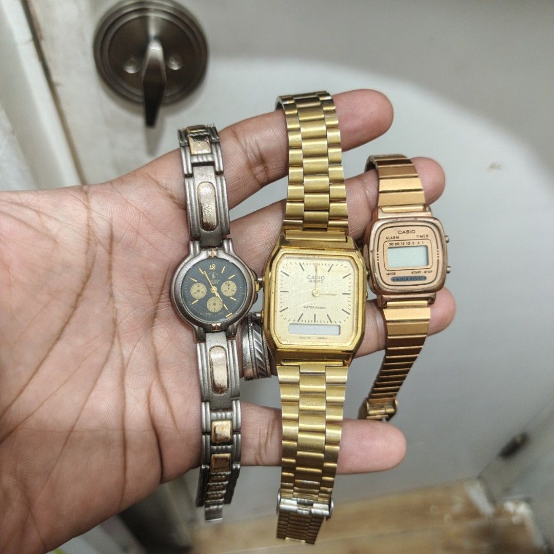 Bundle of 3 Watches: Casio, Chronograph, and Digital (Category: Men's Watches) located in Manila. Submitted by narju1234 (Listing ID 1457754184, Image 1). Description: - Bundle of 3 watches - Includes: Gold-tone Casio digital, Gold-tone Casio analog/digital, Silver and gold-tone chronograph - All are wristwatches - Perfect for collectors or everyday wear - Selling as a set.