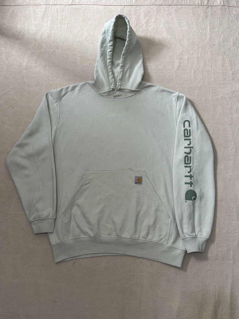 Carhartt Script Logo Hoodie (Category: Coats, Jackets and Outerwear) located in Angeles City. Submitted by luigisells (Listing ID 1457856508, Image 2). Description: Size L boxy L29.5” W26” Good Condition Issue/s: washable stain, lints MOP: Gcash or Bank Transfer Courier: J&t Express.