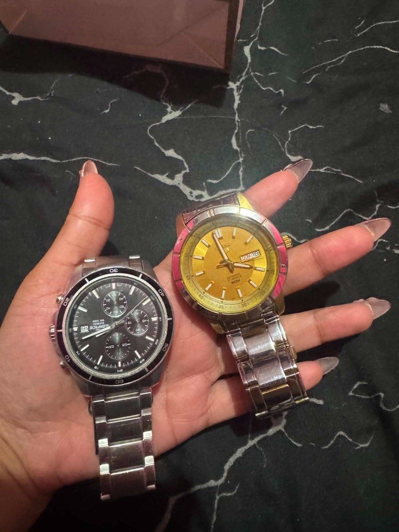 Casio Edifice & Seiko 5 Automatic Watches (Category: Men's Watches) located in Caloocan City. Submitted by kuhleenveronica (Listing ID 1457810215, Image 2). Description: - Casio Edifice Chronograph: Black dial, 100m water resistant, stainless steel bracelet. 4500 - Seiko 5 Automatic: Two-tone, gold dial, stainless steel bracelet. - Ideal for daily wear or adding to your collection. 5500 Take both for 9k.