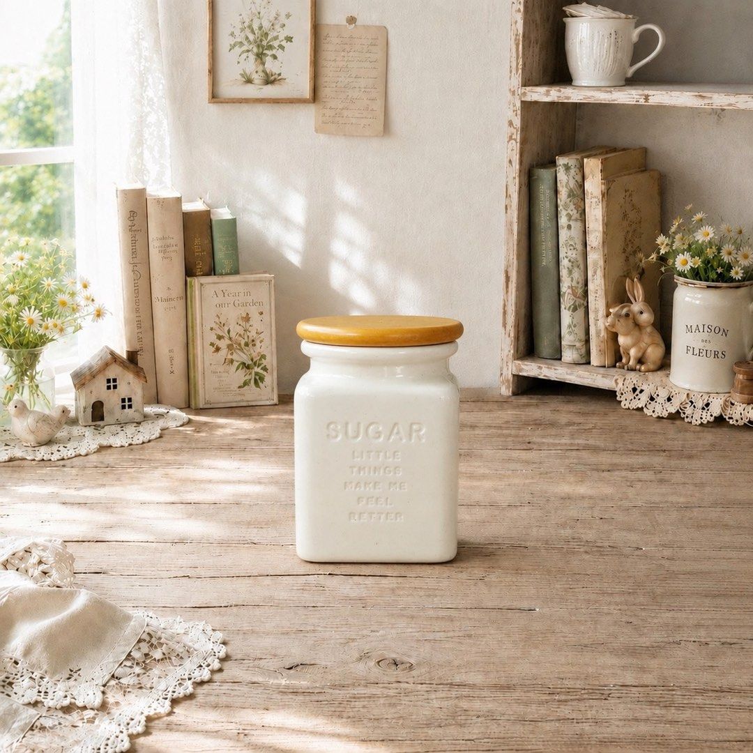 Ceramic Sugar Canister with Wooden Lid, Rubberized (Category: Other Kitchenware & Tableware) located in Quezon City. Submitted by handpickedecors (Listing ID 1457738451, Image 1). Description: Ceramic Sugar Canister with Wooden Lid, Rubberized 280.00 Size: 4”D x 5”H x 3.5”L x 3.5”W.
