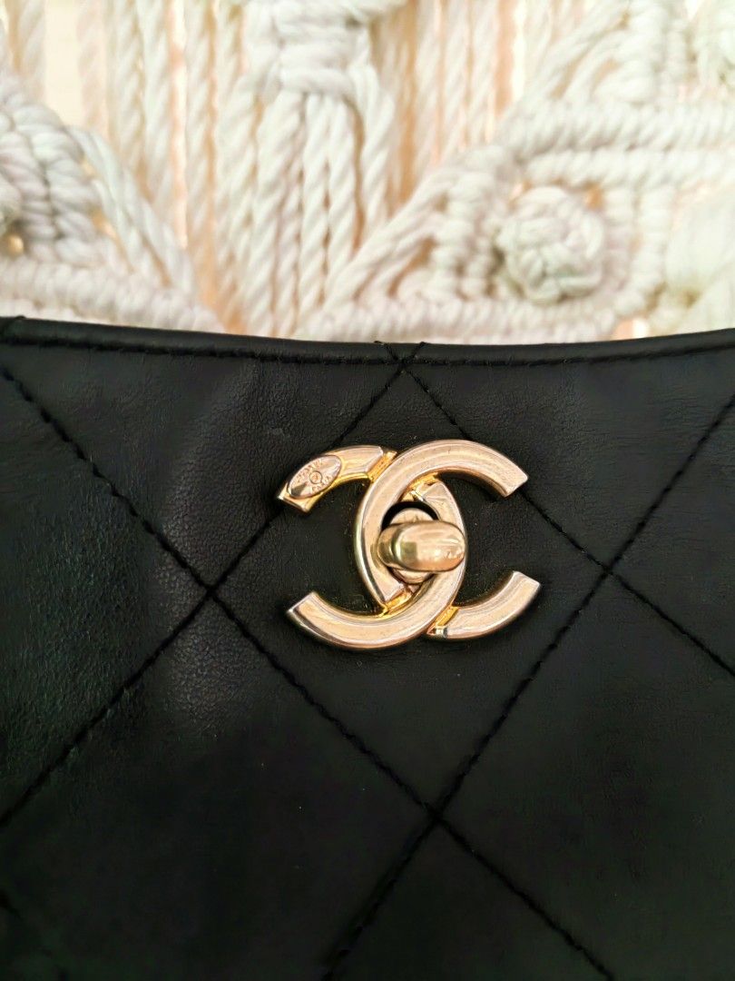 Chanel Black Quilted Leather Chain Shoulder Bag (Category: Luxury Bags & Wallets) located in Davao. Submitted by gelleevanelli (Listing ID 1457758218, Image 3). Description: *Vintage Chanel Soft Quilted Hobo Bag / Bucket Bag with Chain* ### *Bag Details from photos:* *Model*: Chanel "Soft Quilted" Hobo/Bucket Bag - early 2000s era - *Color*: Black lambskin leather with antique gold hardware - *Material*: Soft diamond-quilted leather. The leather 