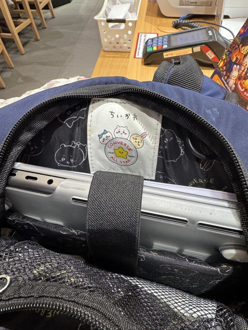 Chiikawa backpack (Category: Backpacks) located in Singapore. Submitted by shch52 (Listing ID 1457776232, Image 3). Description: Out of stock special Chiikawa converse bag from Japan. Able to comfortably fit 14inch laptops Plenty of space and cute Chiikawa print on the inside. Usagi plush not included. .