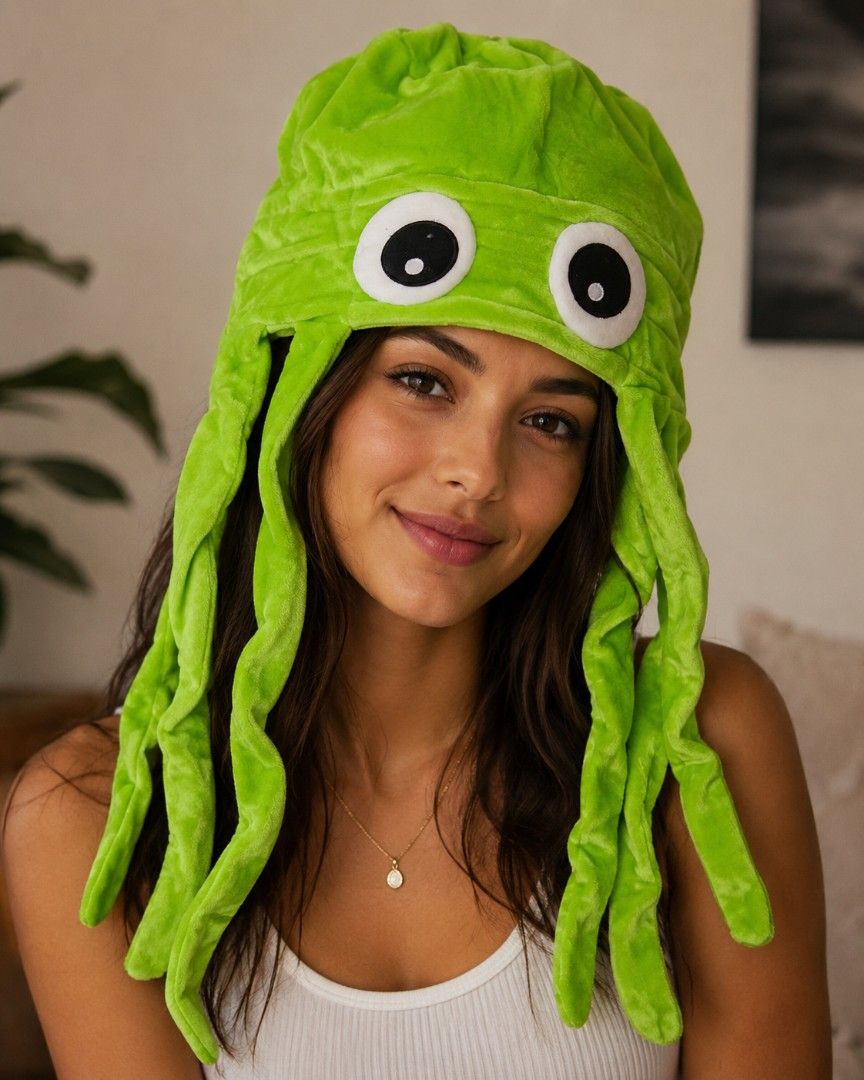 Crazy Squid Hat (Category: Hats & Beanies) located in Binangonan. Submitted by yuristalin888 (Listing ID 1457825549, Image 1). Description: Add a playful touch to any outfit with this fun Squid Hat! Made from soft, plush material, it features a bright green squid-inspired design with big cartoon eyes and long, dangling tentacles. Comfortable, eye-catching, and perfect for parties, costumes, cosplay, festivals, or everyday fun..