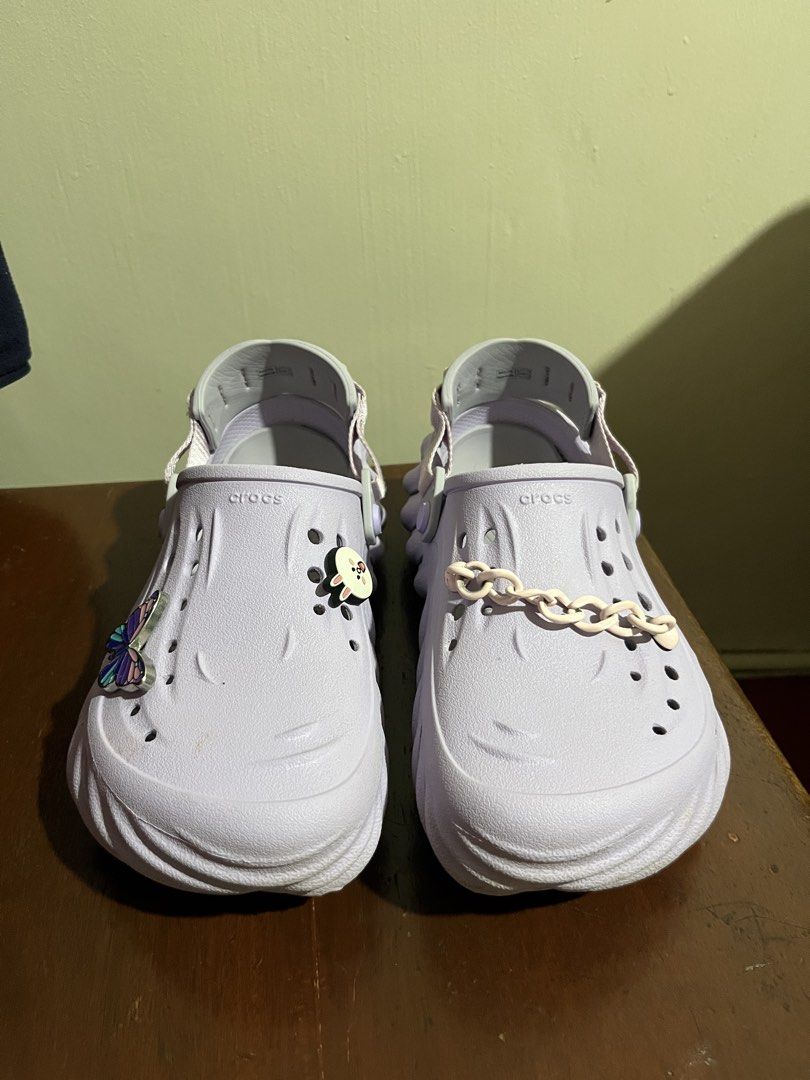 Crocs Echo Clog - Lavender Lilac (Category: Slippers and slides) located in Batangas. Submitted by declut.tingz (Listing ID 1457769678, Image 3). Description: - Lavender Crocs Echo Clogs - M6/W8 - Used 5 times with care - Includes jibbitz - Easy slip-on and off design - Perfect for comfortable and casual everyday wear.
