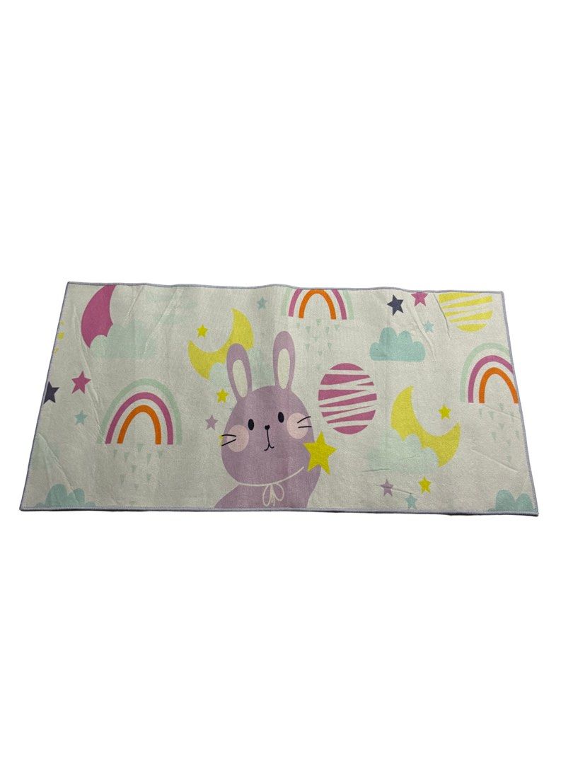 Cute Bunny Rainbow Cloud Star Rug - Carpet (Category: Carpets, Mats & Flooring) located in San Pedro. Submitted by scarletworldph (Listing ID 1457892167, Image 1). Description: - Adorable bunny design - Perfect for nursery or playroom - Features rainbows, clouds, moons, and stars - Soft and colorful - Easy to clean Dimensions: 120cm x 60cm Face Pile (Top Surface): Soft Touch Backing: Rubber Dot Border: Fine Finished Edges.
