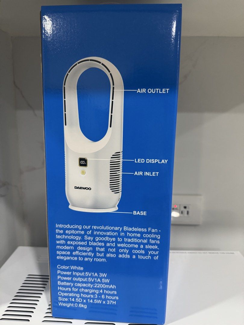 DAEWOO Rechargeable Bladeless Fan (Category: Fans) located in Las Pinas. Submitted by vanethneth (Listing ID 1457848239, Image 3). Description: - Brand: DAEWOO Rechargeable Bladeless Fan - Color: White - Features: 3 Speed Settings, LED Battery Life Display - Battery Capacity: 2200mAh - Operating Hours: 3-6 hours - Dimensions: 14.5D x 14.5W x 37H cm - Weight: 0.6kg - Includes: Air outlet and air inlet.