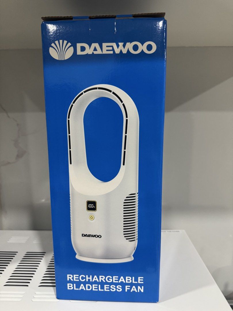 DAEWOO Rechargeable Bladeless Fan (Category: Fans) located in Las Pinas. Submitted by vanethneth (Listing ID 1457848239, Image 1). Description: - Brand: DAEWOO Rechargeable Bladeless Fan - Color: White - Features: 3 Speed Settings, LED Battery Life Display - Battery Capacity: 2200mAh - Operating Hours: 3-6 hours - Dimensions: 14.5D x 14.5W x 37H cm - Weight: 0.6kg - Includes: Air outlet and air inlet.