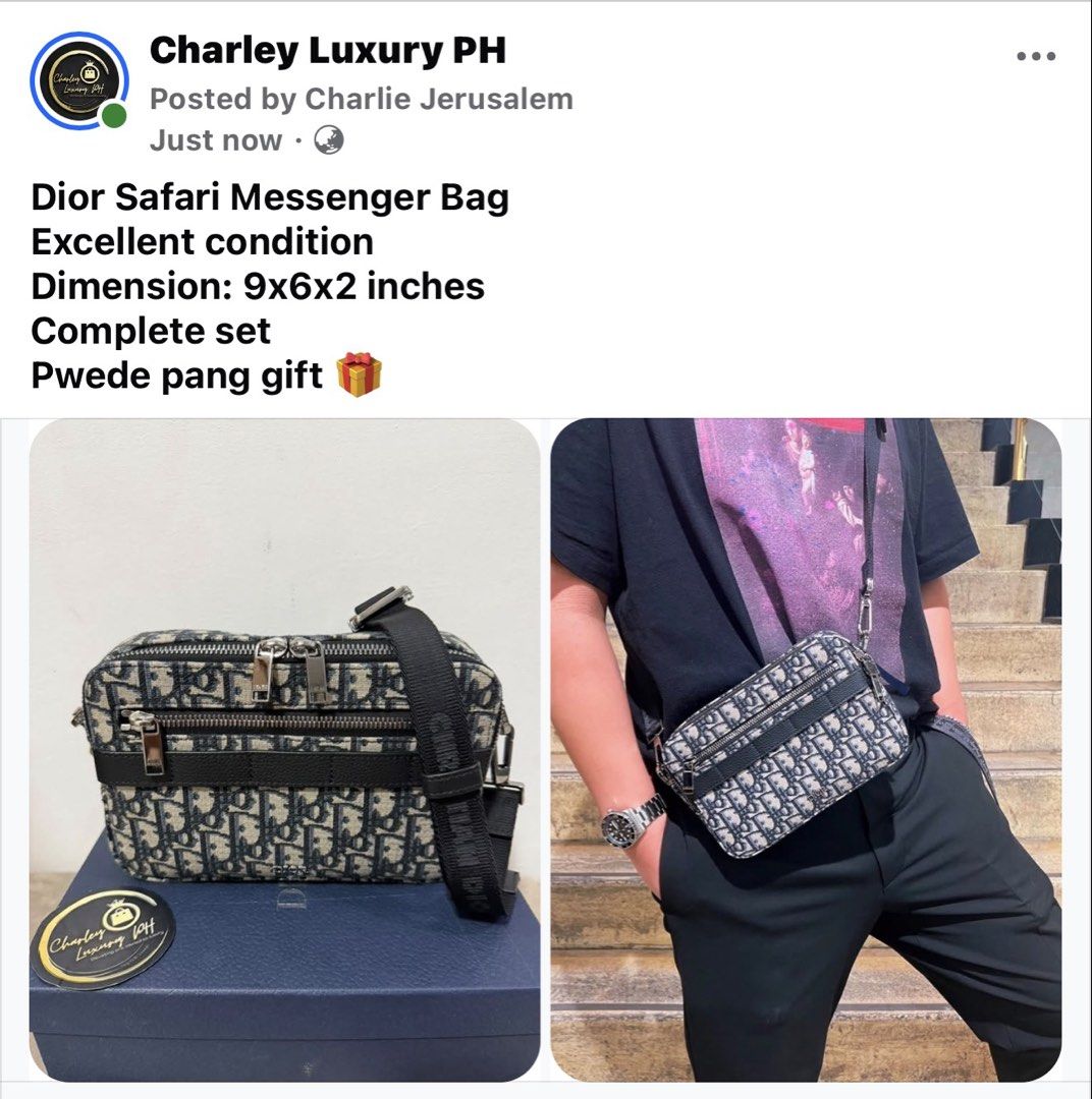 Dior Safari Messenger Bag (Category: Luxury Bags & Wallets) located in Malabon City. Submitted by charleyluxuryph (Listing ID 1457893592, Image 1). Description: - Dior Safari Messenger Bag - Dimensions: 9x6x2 inches - Includes complete set - Ideal as a gift.