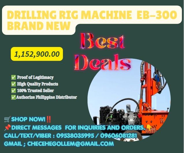 DRILLING RIG MACHINE EB-300 BRAND NEW (Category: Construction Tools & Equipment) located in Aroroy. Submitted by 09602831019 (Listing ID 1457717624, Image 1). Description: PHP 1,152,900 Machines only ●NOTE : The pipe and PDC bits for drilling through rock are not included, as these will depend on the specific requirements. ●Parameter EB-300 ●Overall dimension : 2300*1310*1700mm ●Drill weight : 1750kg ●Engine power : 45kw/61HP ●Product usage : Dri