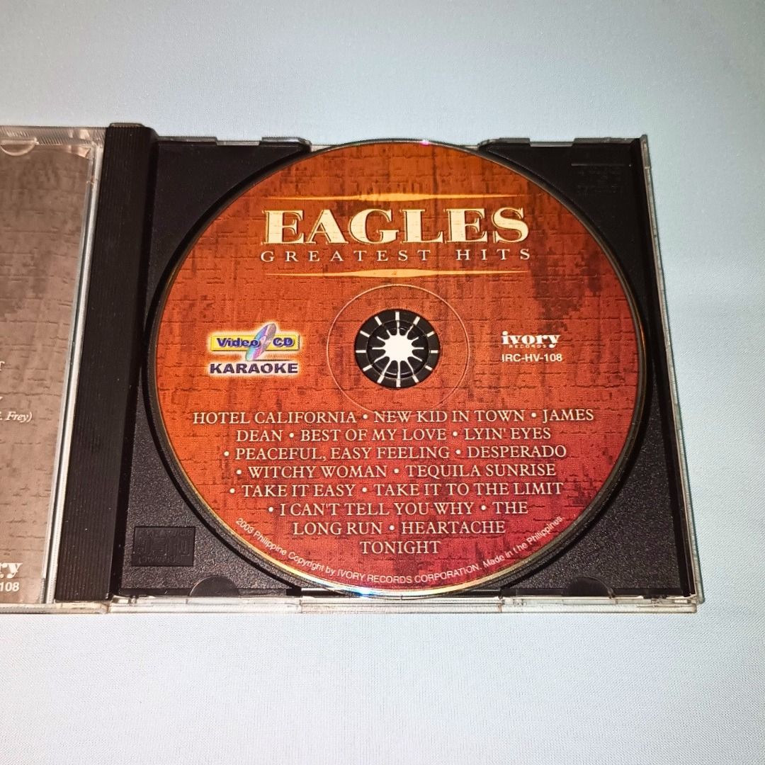 Eagles Greatest Hits VCD Karaoke | IRC-HV-108 (Category: CDs & DVDs) located in Davao. Submitted by bao.lee (Listing ID 1457747853, Image 3). Description: Catalog No | Release Date | VCD Title IRC-HV-108 | 2003 | Eagles: Greatest Hits Made in the Philippines by Ivory Records. Feel free to send a message if interested. Here or on FB Marketplace..