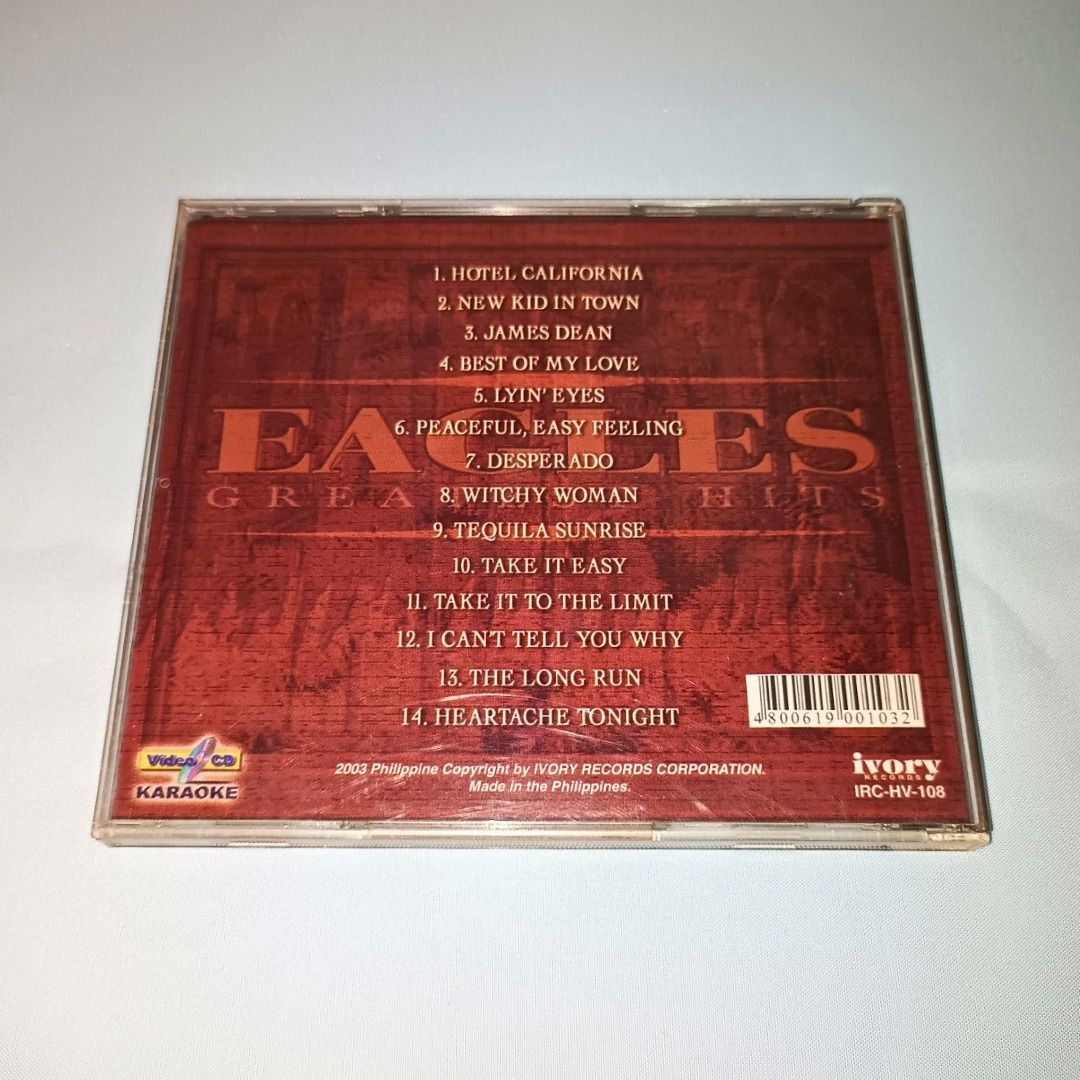 Eagles Greatest Hits VCD Karaoke | IRC-HV-108 (Category: CDs & DVDs) located in Davao. Submitted by bao.lee (Listing ID 1457747853, Image 2). Description: Catalog No | Release Date | VCD Title IRC-HV-108 | 2003 | Eagles: Greatest Hits Made in the Philippines by Ivory Records. Feel free to send a message if interested. Here or on FB Marketplace..