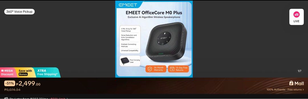 EMEET OfficeCore M0 Plus AI Algorithm Wireless Speakerphone (Category: Soundbars, Speakers & Amplifiers) located in Cabanatuan. Submitted by dagsunod (Listing ID 1457783541, Image 2). Description: - EMEET OfficeCore M0 Plus Speakerphone - Exclusive AI Algorithm Voice Pickup for clear conversations - 4 Uni-Array microphones for 360° voice pickup - Advanced Noise Reduction and Echo Cancellation - Multiple Connecting Methods for versatility - Univer