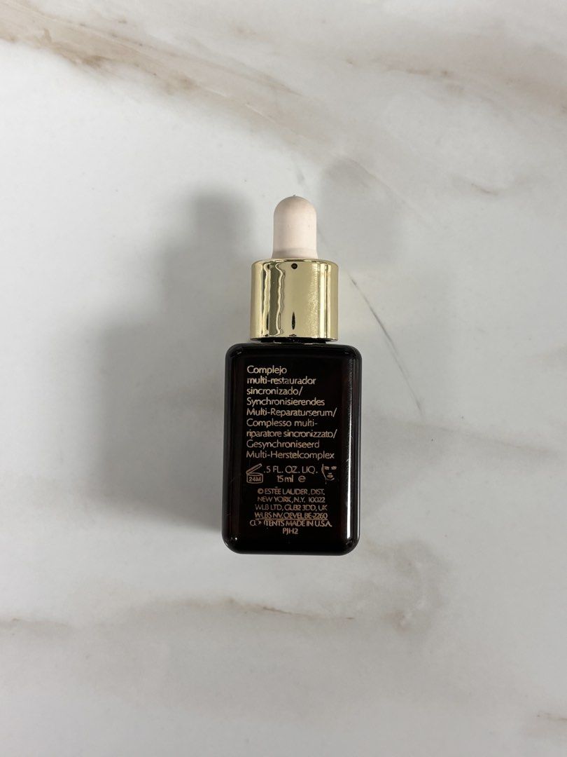 Estee Lauder Advanced Night Repair Serum 15ml (Category: Face Care) located in Leyte. Submitted by modernpersephone (Listing ID 1457865939, Image 2). Description: - Estee Lauder Advanced Night Repair Synchronized Multi-Recovery Complex - 15ml travel size bottle - Ideal for first-time users or travel - Features a dark brown glass bottle with gold accents and a dropper - Promotes glowing, radiant skin Never used. Yes! Authentic! 🤣.