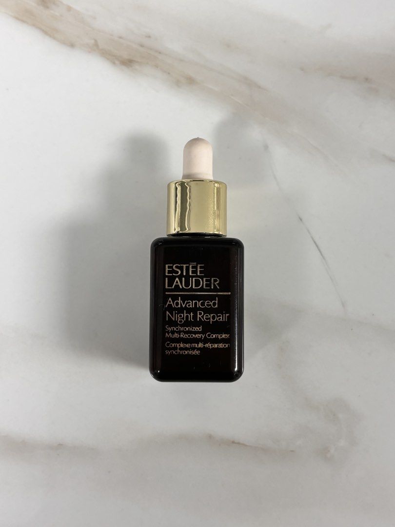Estee Lauder Advanced Night Repair Serum 15ml (Category: Face Care) located in Leyte. Submitted by modernpersephone (Listing ID 1457865939, Image 1). Description: - Estee Lauder Advanced Night Repair Synchronized Multi-Recovery Complex - 15ml travel size bottle - Ideal for first-time users or travel - Features a dark brown glass bottle with gold accents and a dropper - Promotes glowing, radiant skin Never used. Yes! Authentic! 🤣.