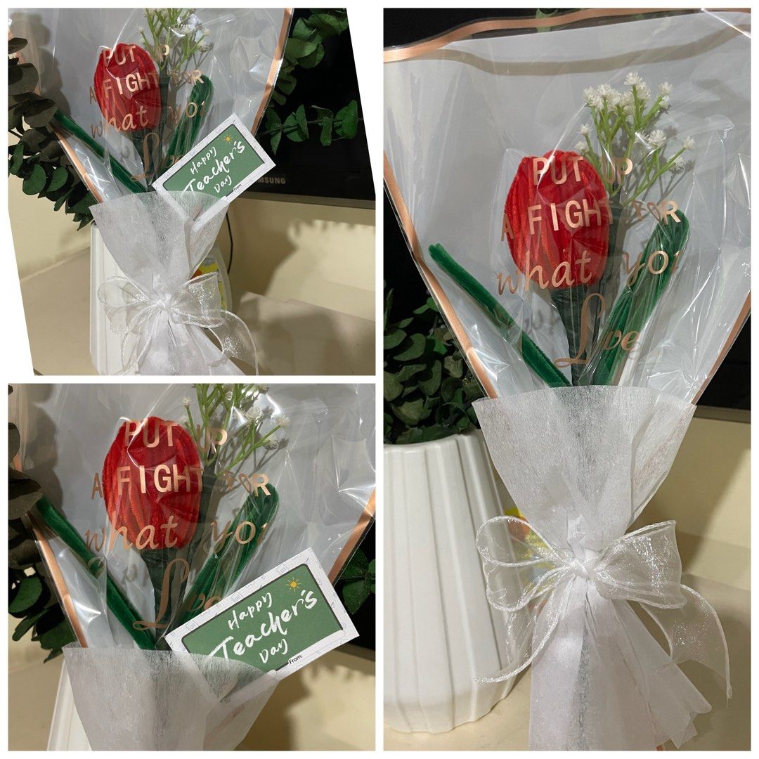 Flower Bouquets (Category: Flowers & Bouquets) located in Rizal. Submitted by arlynazanion16 (Listing ID 1457902159, Image 1). Description: The selected region appears to show a handcrafted single-flower bouquet made from red and green fuzzy wire (pipe cleaners), wrapped in clear and white translucent paper with a bright pink ribbon and a "Happy Teacher's Day" tag..
