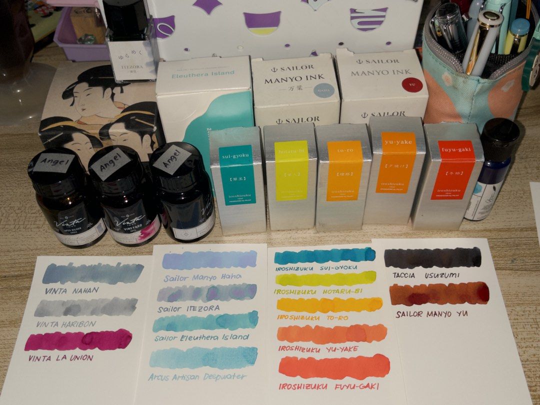 Fountain Pens and Inks (Category: Stationery & School Supplies) located in Antipolo. Submitted by angelblue623 (Listing ID 1457884616, Image 1). Description: Need to destash some things! If you get multiple items, might give discounts depending on the items. Thanks! Shipping: J&T, Lalamove Mode of Payment: Gcash, Bank Location: LA (Lower Antipolo) Fountain Pens: Kaweco Perkeo Breezy Teal <M> w/ Converter - 1000 Pilot Desk Fountain Pen <EF> w/ Con