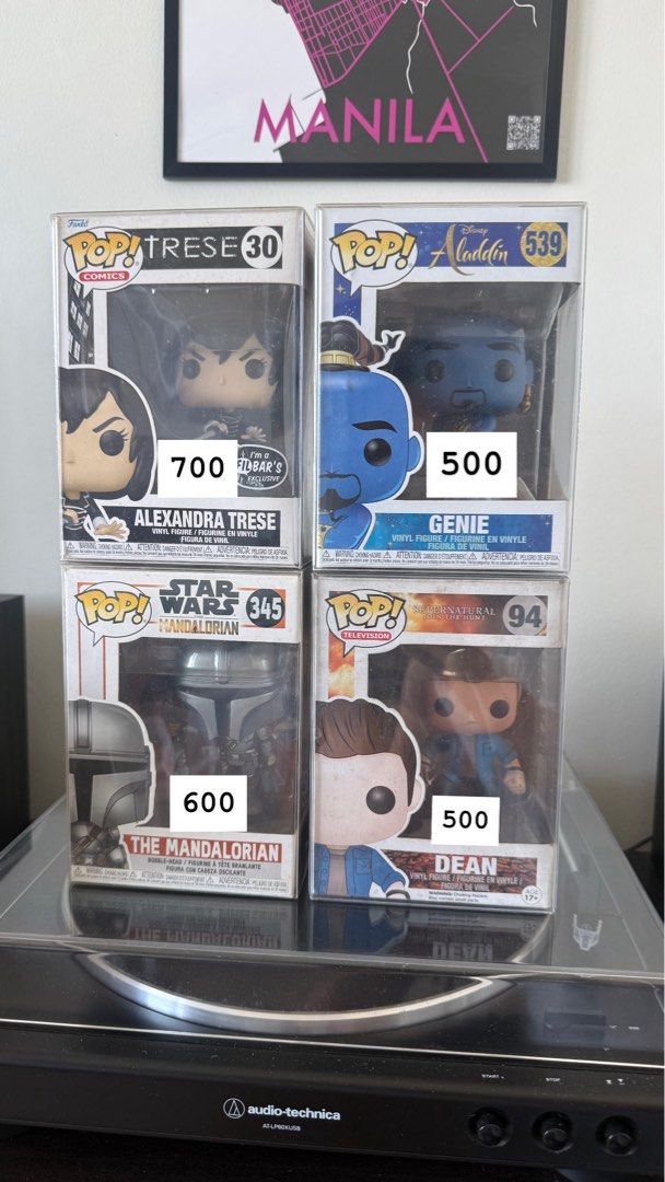 Funko Pop! Comics, Disney, Star Wars, Supernatural Figures (Category: Designer & Blind Box Toys) located in Manila. Submitted by shiromarcelo (Listing ID 1457763358, Image 2). Description: - Funko Pop! figures - Includes: Alexandra Trese (Comics), Genie (Aladdin), The Mandalorian (Star Wars), Dean (Supernatural) - Ideal for collectors and fans of these franchises .
