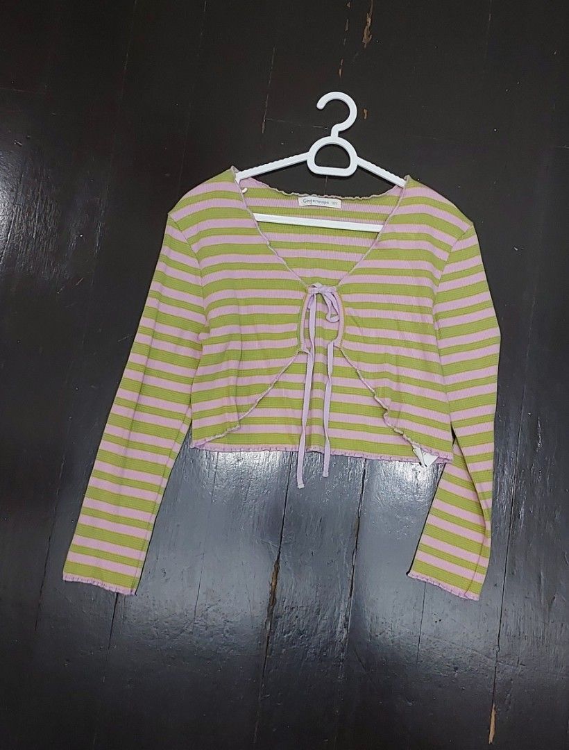 GingerSnaps Striped Tie-Front Cropped Cardigan (Category: Babies & Kids Fashion) located in Quezon City. Submitted by lisolette (Listing ID 1457821873, Image 2). Description: - Cute cropped cardigan from GingerSnaps - Features stylish green and pink stripes - Tie-front closure for a customizable fit - Trendy lettuce hem detail on sleeves and bottom - Ideal for layering over your favorite tops size 10y but runs small, fits 6-10yo. gcash or bpi j&t