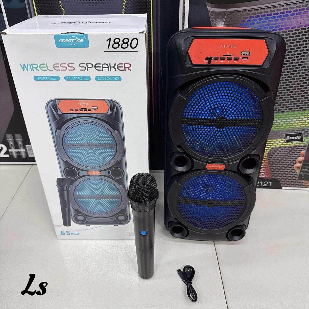 Greatice GTS-1880 13" Wireless Speaker with Microphone (Category: Soundbars, Speakers & Amplifiers) located in Manila. Submitted by casioelectronics (Listing ID 1457871030, Image 3). Description: - Greatice GTS-1880 Wireless Speaker - Tall 13-inch design with dual 6.5-inch drivers for powerful sound - Multiple playback options: Bluetooth, USB, TF card, FM Radio - TWS (True Wireless Stereo) function for pairing two speakers - Includes a wireless m