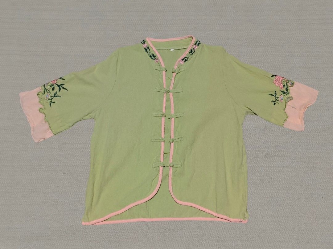 Green-Pink Embroidered Cheongsam (Category: Blouses) located in Batangas. Submitted by offthepeach (Listing ID 1457819508, Image 1). Description: summer cotton linen vintage embroidered cheongsam chinese style, best fits m-l frames.