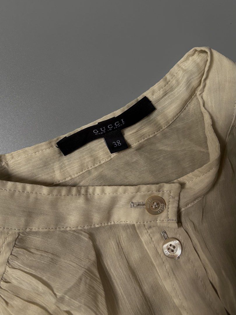 Gucci Silk Georgette Sheer Tie Blouse (Category: Luxury Apparel) located in Santa Cruz. Submitted by devbook1 (Listing ID 1457826947, Image 3). Description: Gucci Silk Georgette Sheer Tie Blouse L: 28 W: 21 Excellent Condition No issue Off/Legit .