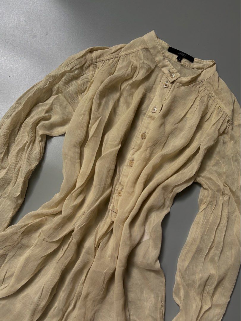Gucci Silk Georgette Sheer Tie Blouse (Category: Luxury Apparel) located in Santa Cruz. Submitted by devbook1 (Listing ID 1457826947, Image 2). Description: Gucci Silk Georgette Sheer Tie Blouse L: 28 W: 21 Excellent Condition No issue Off/Legit .