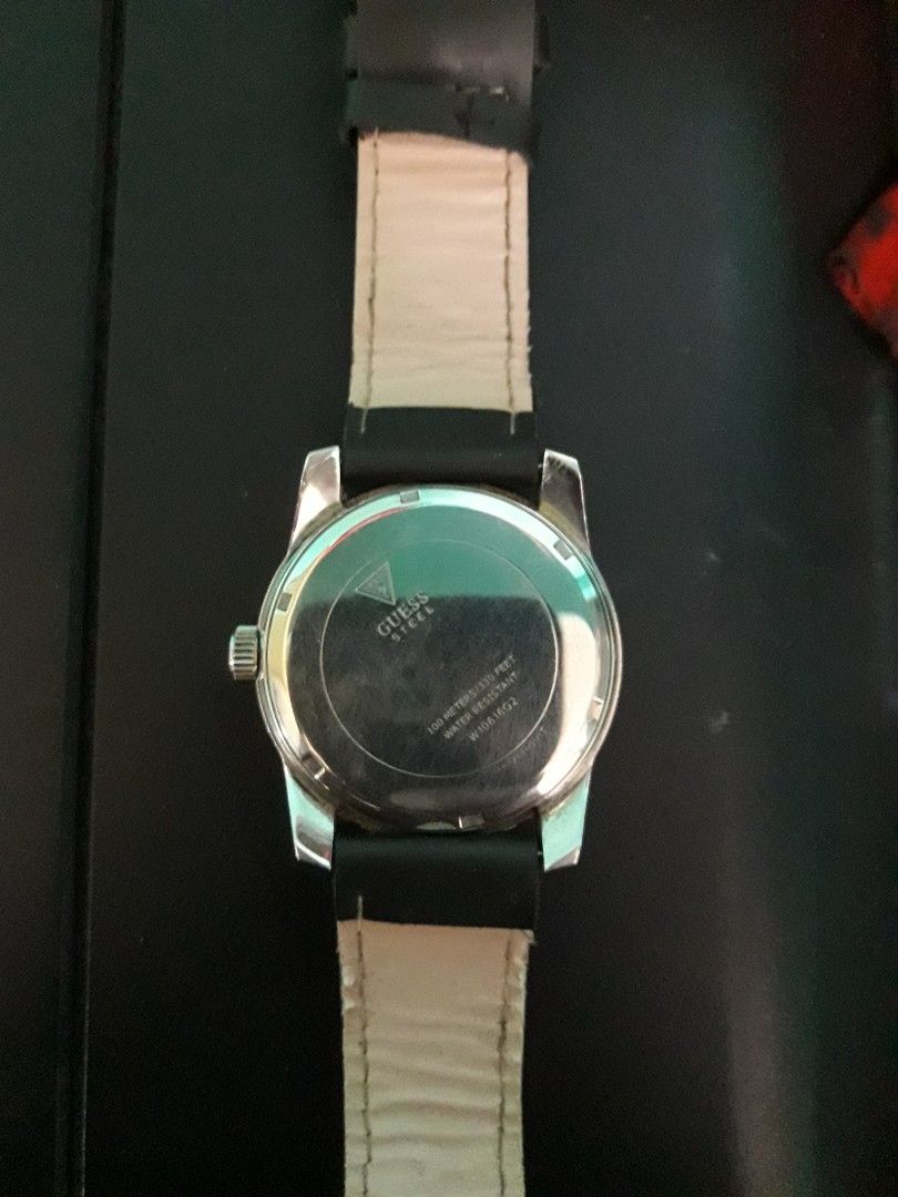 Guess Steel Chronograph Watch (Category: Men's Watches) located in Paranaque City. Submitted by omaraguirre (Listing ID 1457757342, Image 2). Description: - Black leather strap - Chronograph dial - Stainless steel case - Water resistant up to 100 meters (330 feet) - Ideal for everyday wear and swimming.