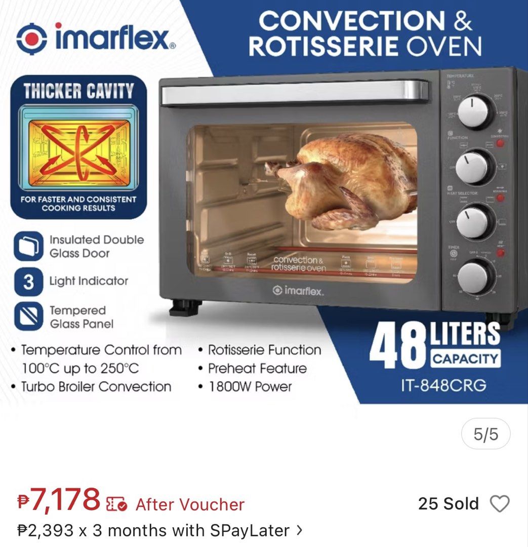Imarflex 48L Oven & Rotisserie (Category: Bakeware) located in Quezon City. Submitted by moniquecloset (Listing ID 1457782457, Image 1). Description: Barely used, like new. Complete accessories with box.