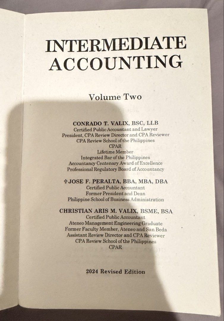 Intermediate Accounting Volume 2 (2024 Edition) – Valix, Peralta (Category: Textbooks) located in Quezon City. Submitted by ximrev (Listing ID 1457711064, Image 2). Description: Title: Intermediate Accounting Volume Two Edition: 2024 Revised Edition Authors: Conrado T. Valix, Jose F. Peralta, Christian Aris M. Valix Authenticity: Original copy with author signatures / anti-piracy mark Condition: Very Good / Pre-loved. Clean pages, intact spine, m