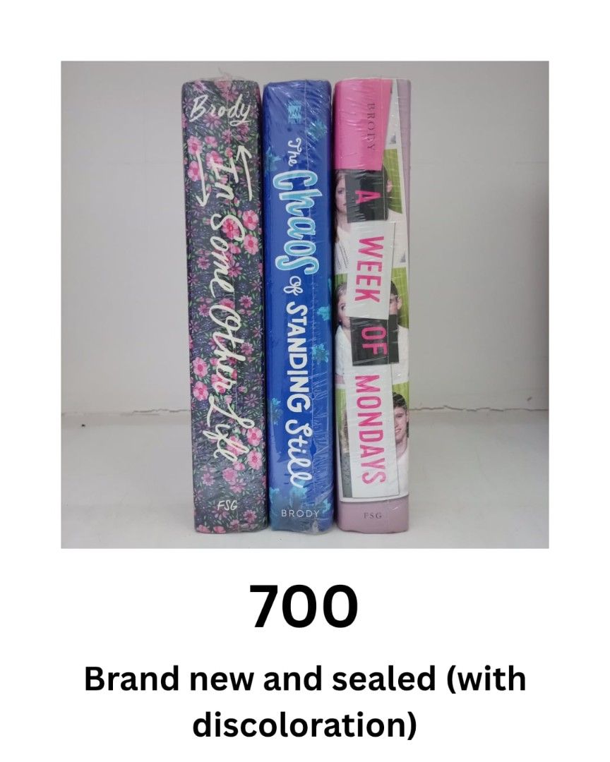 Jessica Brody Book Set (Category: Storybooks) located in Caloocan City. Submitted by annajaniel (Listing ID 1457759826, Image 1). Description: - Set of 3 books by Jessica Brody - Titles: 'In Some Other Life', 'The Chaos of Standing Still', 'A Week of Mondays' - All books are brand new and sealed - Please note: Packaging has some discoloration. Kindly check photos for details..