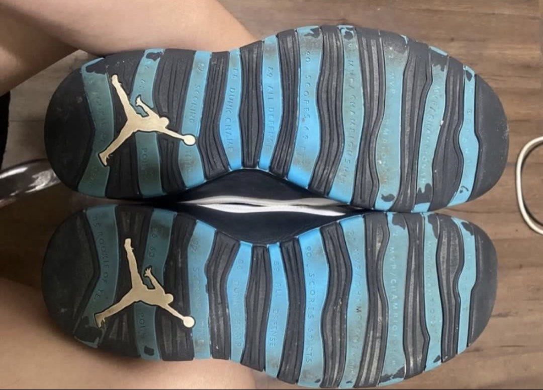 Jordan 10 (Category: Sneakers) located in Subic. Submitted by declutterbyshit (Listing ID 1457888120, Image 3). Description: - Air Jordan 10 Retro 'Powder Blue' - Size: 10 US - Colorway: White leather with black and blue accents - Condition: Soles show wear, but plenty of life remaining - Ideal for: Sneaker collectors and basketball fans.