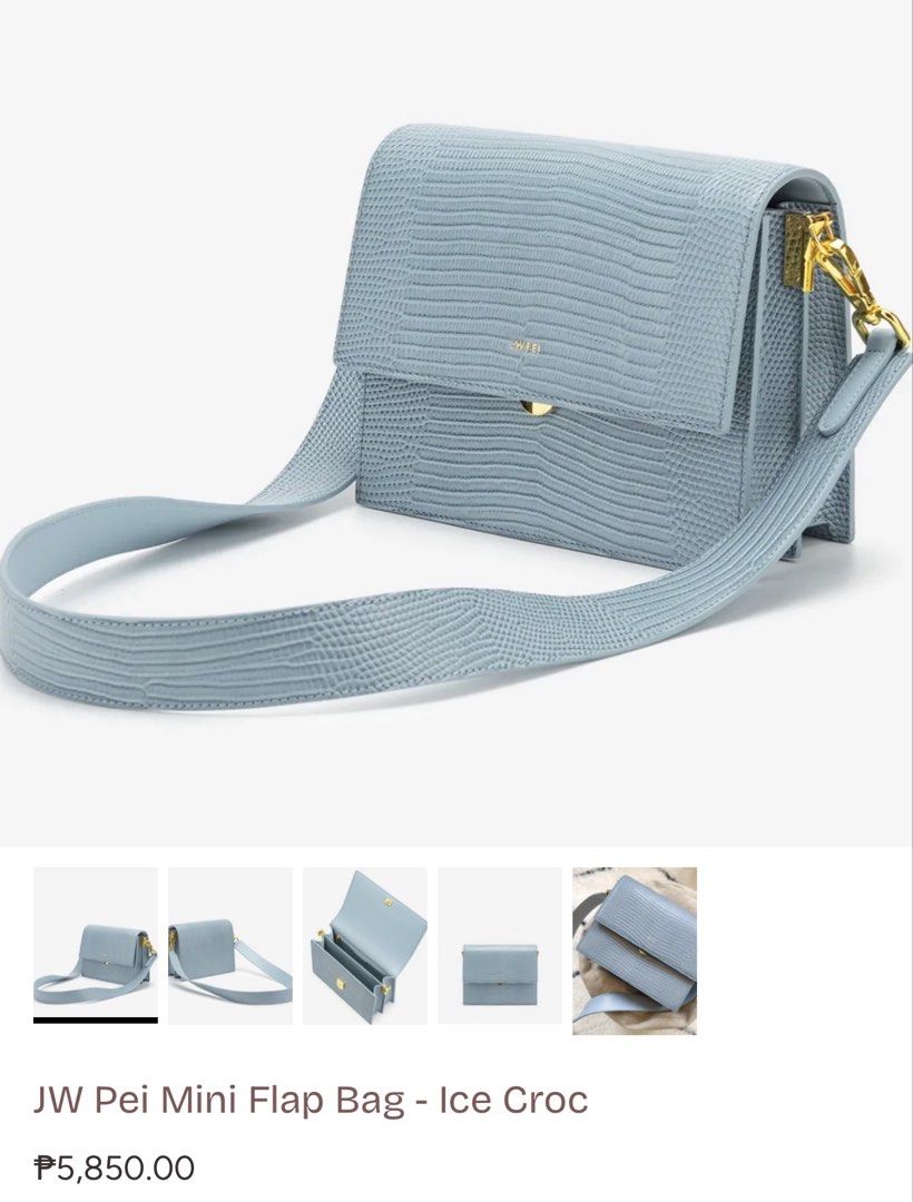 JW Pei Mini Flap Bag - Ice Croc (Category: Luxury Bags & Wallets) located in Makati City. Submitted by meyuuu.25 (Listing ID 1457711317, Image 1). Description: - JW Pei Mini Flap Bag - Color: Ice Croc (light blue) - Texture: Croc embossed - Hardware: Gold - Features: Detachable strap, interior zippered pocket - with signs of usage inside (see pics) - looks new outside.