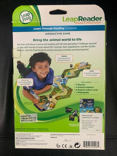 LeapFrog LeapReader Interactive Game - Science （分類：兒童書籍）位於 Hong Kong。 由 hunggb 提交（商品編號 1457732324，圖片 2）。簡介： Interactive game for LeapReader. Learn about animals and biomes through reading and gameplay. Includes 7 biomes, 4 animal markers, 4 action cards, and a field guide. Requires internet connection for audio download.。
