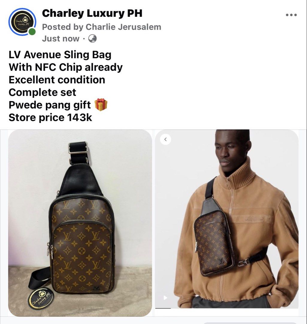 LV Avenue Sling Bag with NFC Chip (Category: Luxury Bags & Wallets) located in Malabon City. Submitted by charleyluxuryph (Listing ID 1457893527, Image 1). Description: - Authentic Louis Vuitton Avenue Sling Bag - Includes complete set (dust bag, box, etc.) - Equipped with NFC chip for authenticity verification - Original retail price: PHP 143,000 - Ideal as a luxurious gift.