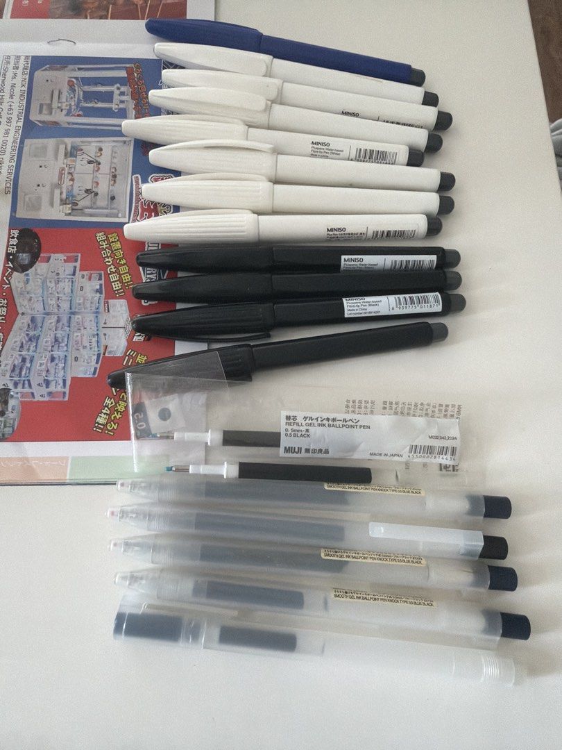 Miniso & Muji Gel Ink Ballpoint Pens (Category: Stationery & School Supplies) located in Manila. Submitted by treeal (Listing ID 1457773409, Image 1). Description: - Bundle includes: Miniso pens (blue, white, black) - Also includes: Muji gel ink ballpoint pen refills (0.5mm black) - And: Muji smooth gel ink ballpoint pens (0.5mm blue black) - Ideal for everyday writing and note-taking - Get a variety of pens for all your needs.