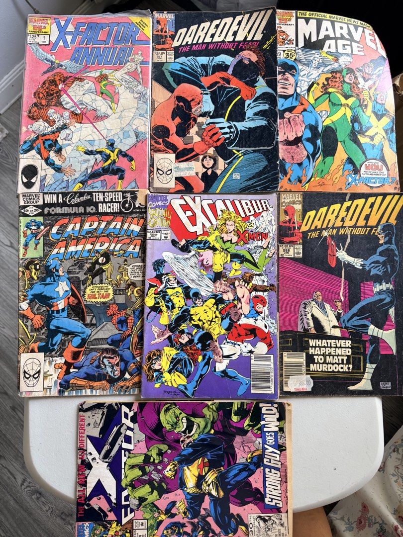 Mix Marvel vintage comics (Category: Comics & Manga) located in Valenzuela. Submitted by dees.corner (Listing ID 1457750929, Image 1). Description: For take all please manage your expectations This collection features a mix of vintage late-1980s and early-1990s Marvel comic books, including issues from X-Factor, Daredevil, Marvel Age, Captain America, and Excalibur.Featured Comic TitlesX-Factor Annual #1 (1986) and X-Factor (with Strong Guy): Sho