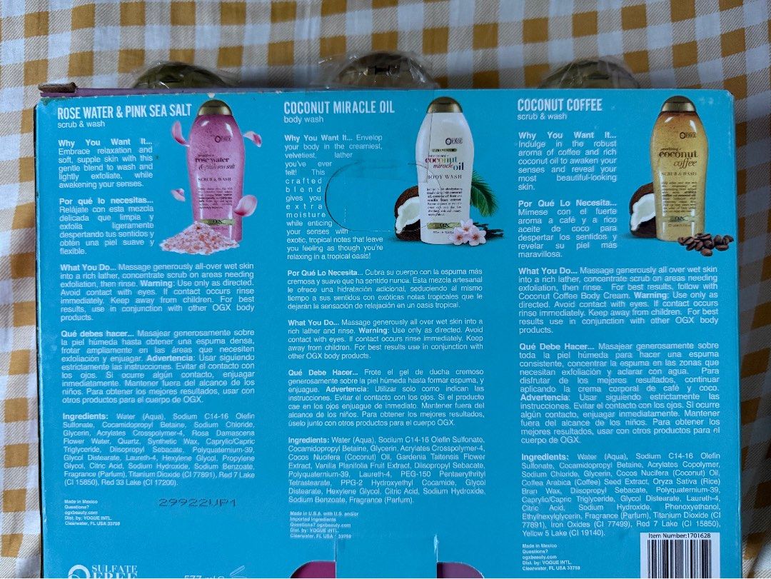 Ogx body wash & scrub (Category: Body Care) located in Davao. Submitted by jmcare (Listing ID 1457795276, Image 2). Description: 1300 EACH.