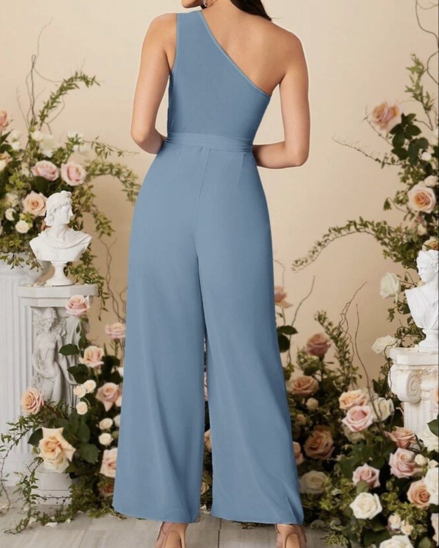 One Shoulder Ruched Wide Leg Jumpsuit (Category: Jumpsuits) located in Manila. Submitted by itsandreaco (Listing ID 1457770573, Image 2). Description: - Measurements: Bust 36 inches / Waist 29-30 inches / Hips 39 inches - One-shoulder jumpsuit - Ruched detailing on the bodice - Comes with a tie belt - Flattering wide-leg pants, sheer with lining inside.