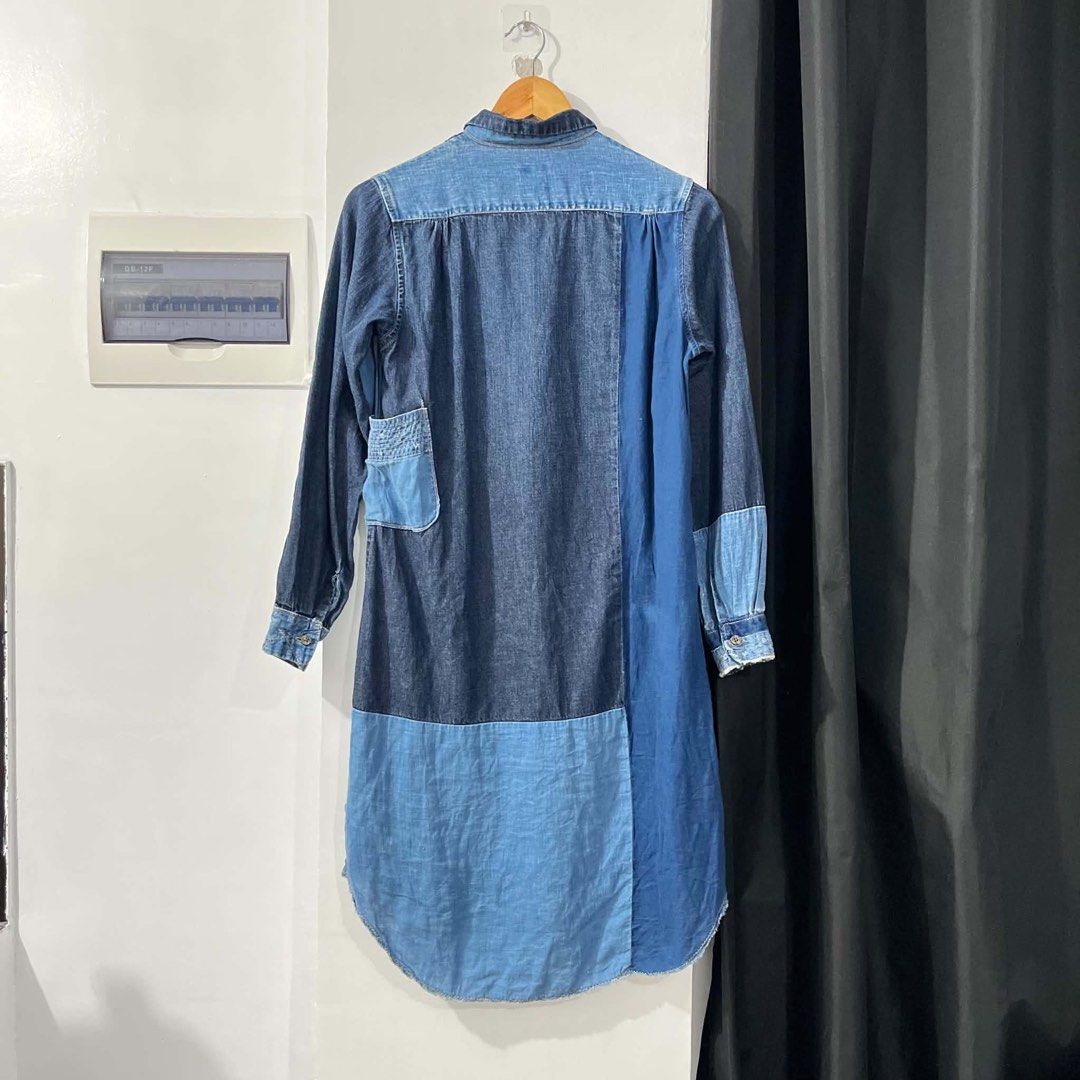 Patchwork Denim Long Sleeve Shirt Dress (Category: Dresses) located in Paranaque City. Submitted by hidden_v2 (Listing ID 1457878805, Image 3). Description: - Cool patchwork denim dress - Long sleeves with button cuffs - Unique collar detail - High-low hemline with raw edges - Versatile: wear as a dress or open as a layer Dimension 18.5 x 36.5 back 39.5 .