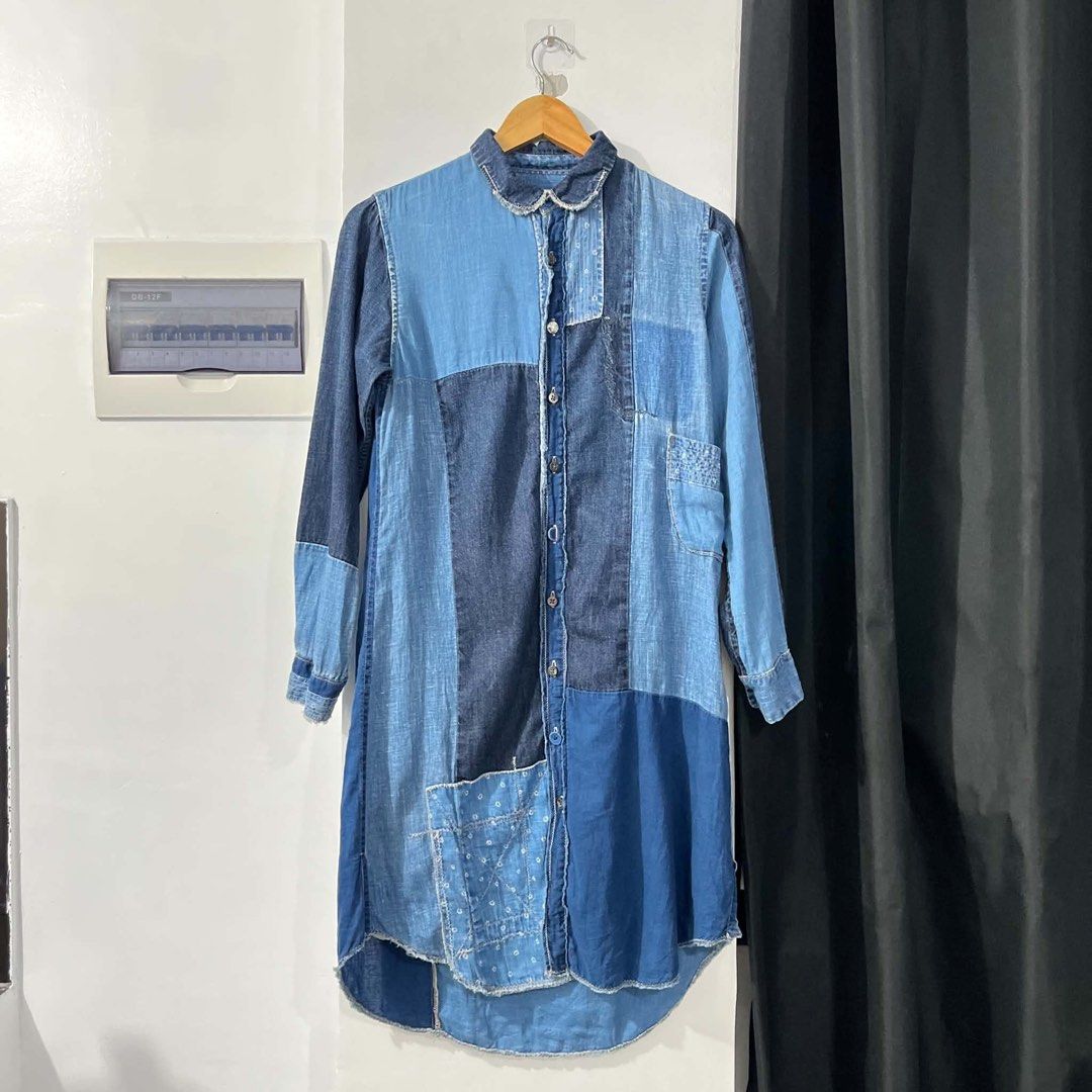 Patchwork Denim Long Sleeve Shirt Dress (Category: Dresses) located in Paranaque City. Submitted by hidden_v2 (Listing ID 1457878805, Image 2). Description: - Cool patchwork denim dress - Long sleeves with button cuffs - Unique collar detail - High-low hemline with raw edges - Versatile: wear as a dress or open as a layer Dimension 18.5 x 36.5 back 39.5 .