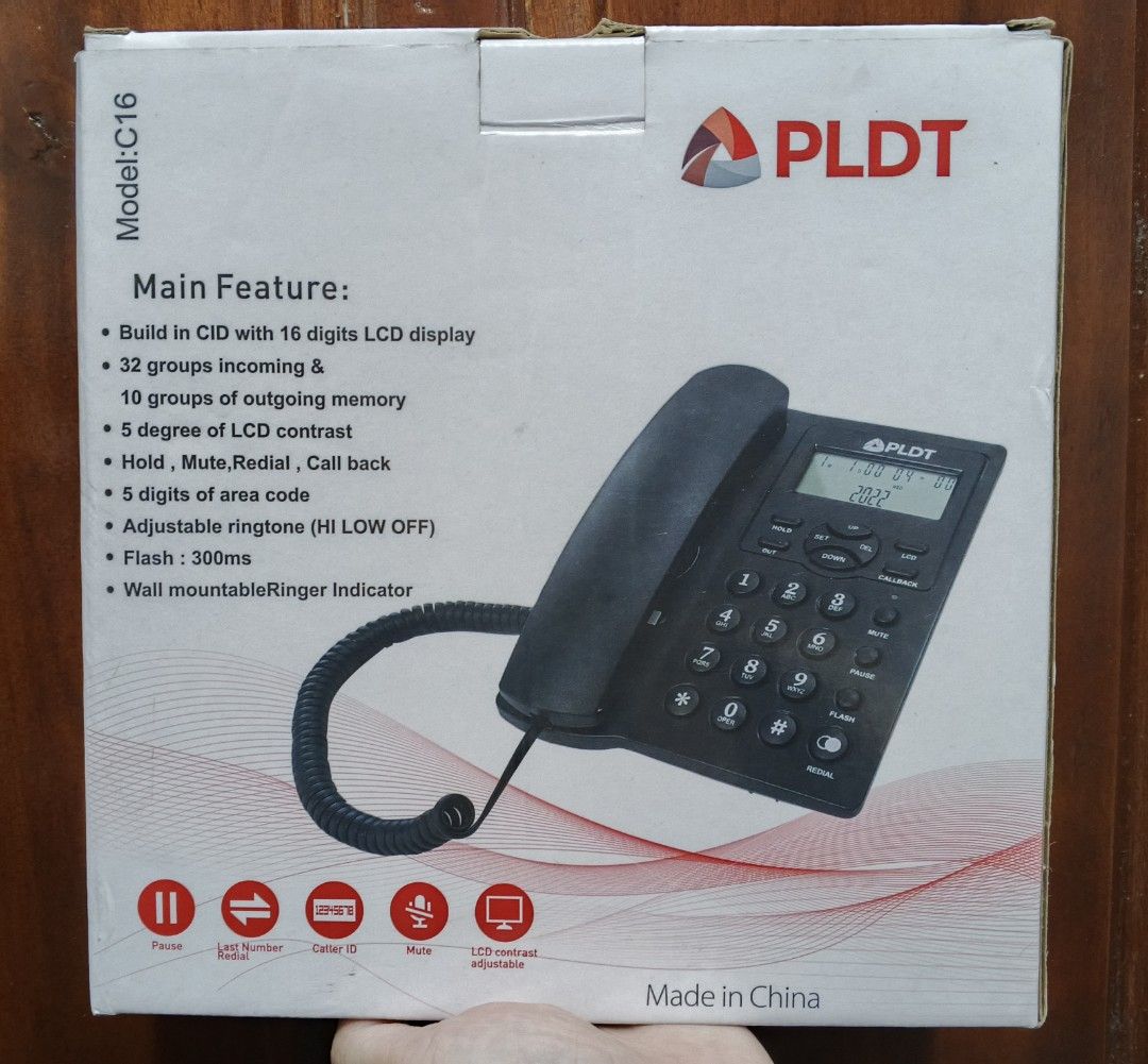PLDT Model C16 Corded Telephone with Caller ID (Category: Office & Business Technology) located in Lucban. Submitted by theminimalist___ (Listing ID 1457731040, Image 1). Description: - PLDT Corded Phone, Model C16 - 16-digit LCD Caller ID Display - Stores 32 Incoming Calls & 10 Outgoing Calls - Adjustable Ringtone Volume - Wall-Mountable Design - Functions: Hold, Mute, Redial, Flash Only used for 2 months since we upgraded to a new model. Works 