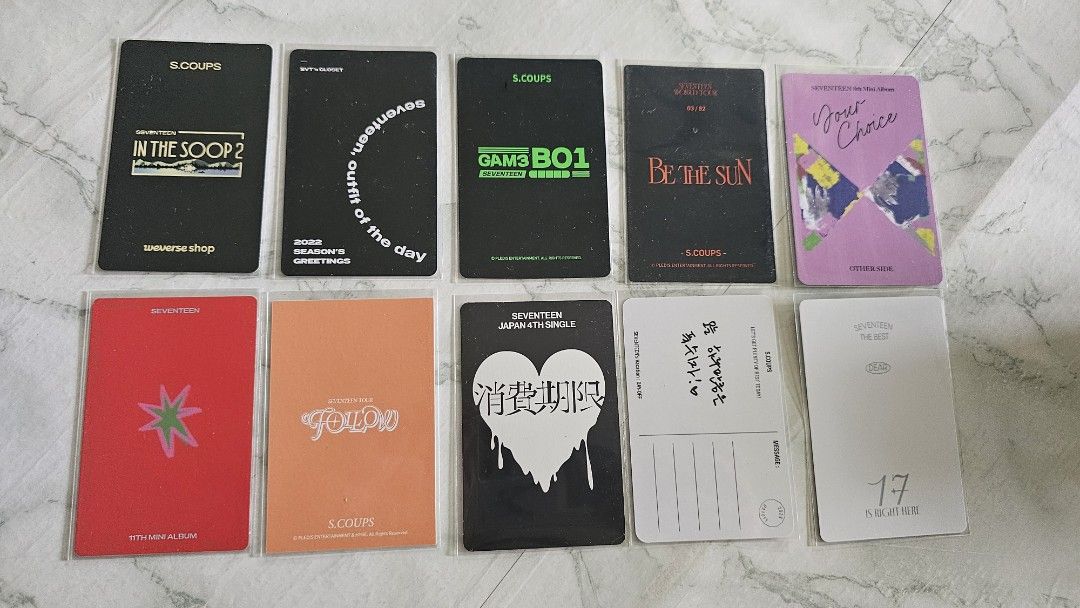 SEVENTEEN SCOUPS Photocards (Category: K-Wave Merchandise) located in Valenzuela. Submitted by chockies13 (Listing ID 1457734929, Image 2). Description: - SEVENTEEN SCOUPS photocards - Includes inclusions from various albums and seasons greetings. - All items are kept in protective sleeves. - 120 each - if will get 2 of more, message me for price nego.