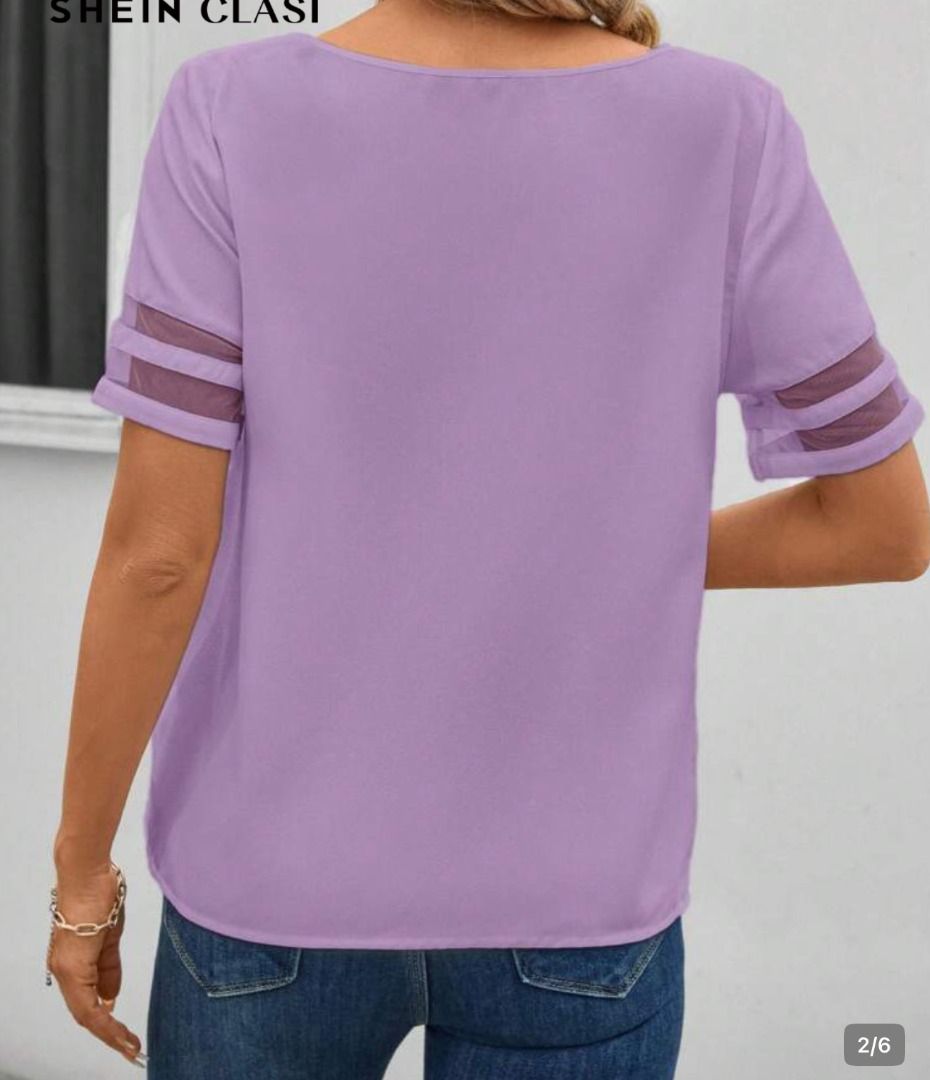 SHEIN Purple Mesh Sleeve Asymmetrical Neck Top (Category: Blouses) located in Mandaluyong City. Submitted by peanutsola (Listing ID 1457728449, Image 2). Description: - Unique asymmetrical neckline - Sheer mesh sleeves with horizontal stripes Product Measurement Shoulder: 42.0 cm Bust: 103.0 cm Length: 62.8/58.0 cm Sleeve Length: 22.6 cm Bicep Length: 36.9 cm Cuff: 36.9 cm .