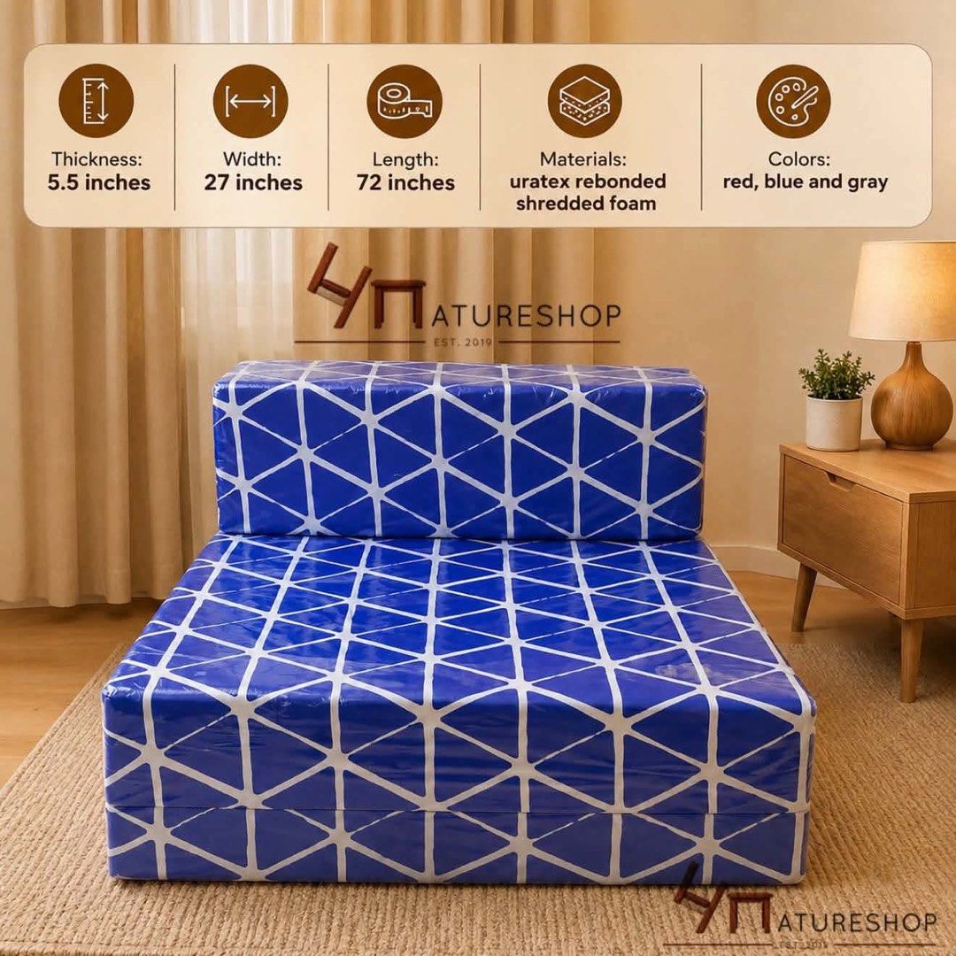 Single sofabed Uratex Rebonded Foam - 5.5" Thick (Category: Bed Frames & Mattresses) located in Las Pinas. Submitted by prelovedbyb3v (Listing ID 1457889660, Image 1). Description: - single sofabed for easy storage and space-saving. - Made with 5.5 inches thick Uratex rebonded shredded foam. - Dimensions: 27" wide x 72" long. - Features a stylish cool geometric pattern available in color blue and red. - Ideal for accommodating guests or maximizin