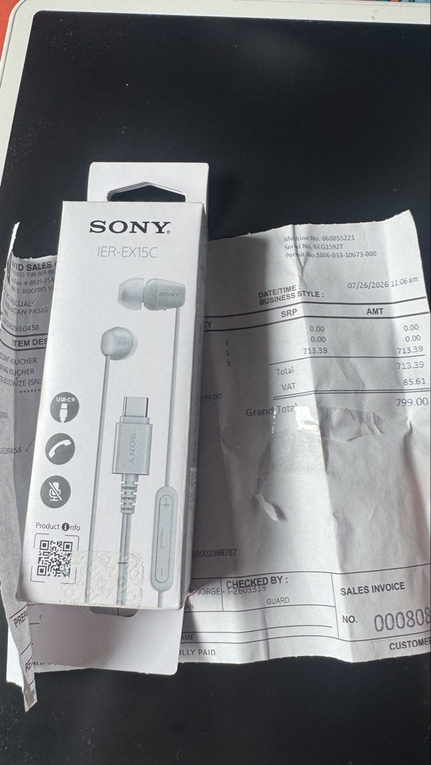 Sony IER-EX15C USB-C Earphones (Category: Earphones) located in Pasig City. Submitted by goodbuy_02 (Listing ID 1457788169, Image 1). Description: - Sony IER-EX15C Earphones - Color: White - Connector: USB-C - Features: In-line microphone and volume control - Ideal for: Calls and music - Includes: Original packaging and receipt (dated 07/26/2026).