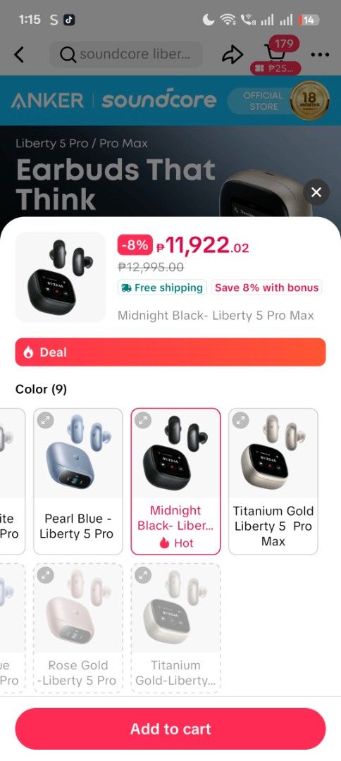 Soundcore Liberty 5 Pro Max AI Earbuds (Category: Earphones) located in Valenzuela. Submitted by joydcruz (Listing ID 1457755864, Image 2). Description: - Soundcore Liberty 5 Pro Max earbuds - AI-powered note-taking - Whisper-clear calls - Adaptive ANC 40 - Dolby Atmos optimized - 150x computing power - -Res audio - Color: Midnight Black.