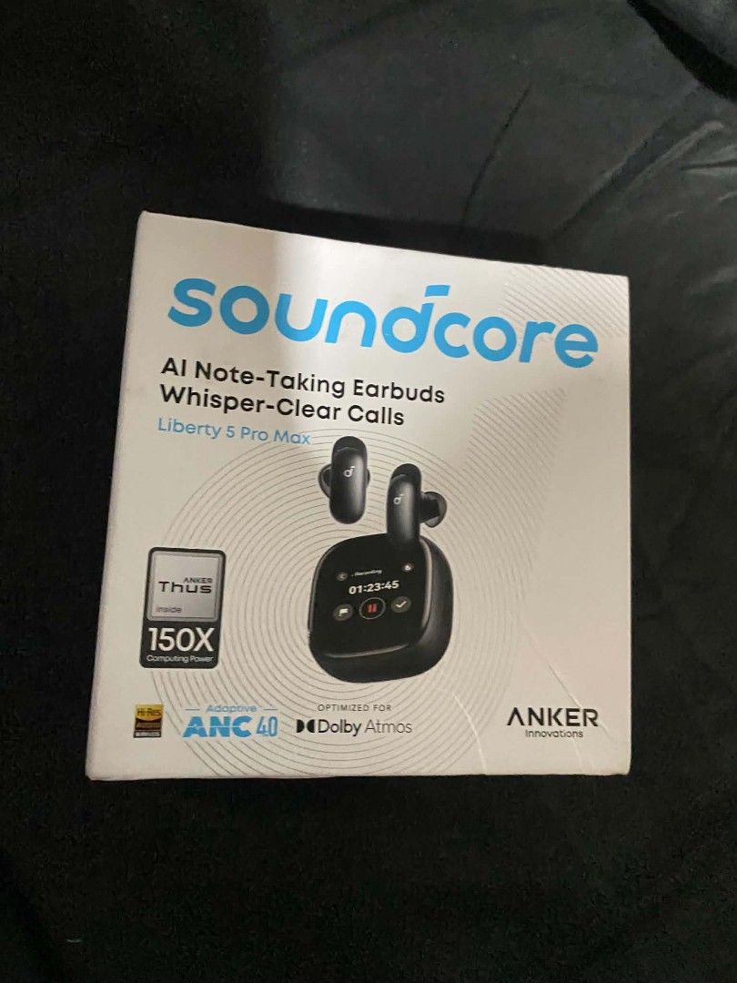 Soundcore Liberty 5 Pro Max AI Earbuds (Category: Earphones) located in Valenzuela. Submitted by joydcruz (Listing ID 1457755864, Image 1). Description: - Soundcore Liberty 5 Pro Max earbuds - AI-powered note-taking - Whisper-clear calls - Adaptive ANC 40 - Dolby Atmos optimized - 150x computing power - -Res audio - Color: Midnight Black.