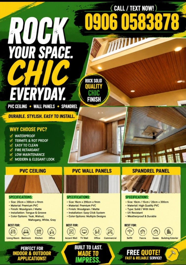 SPANDREL CEILING , EAVES PANELS, WALL PANELS, GYPSUM BOARD (Category: Construction & Building Materials) located in Manila. Submitted by eztrabonan91146 (Listing ID 1457752080, Image 1). Description: ✨ ROCK YOUR SPACE! ✨ Upgrade your home with stylish PVC Ceiling, Wall Panels & Spandrel! 💚💛 ✔️ Durable & Waterproof ✔️ Easy to Clean & Install ✔️ Modern Wood-Look Designs ✔️ Perfect for Indoor & Outdoor 📞 CALL/TEXT: 0906 058 3878 Beautiful. Durabl